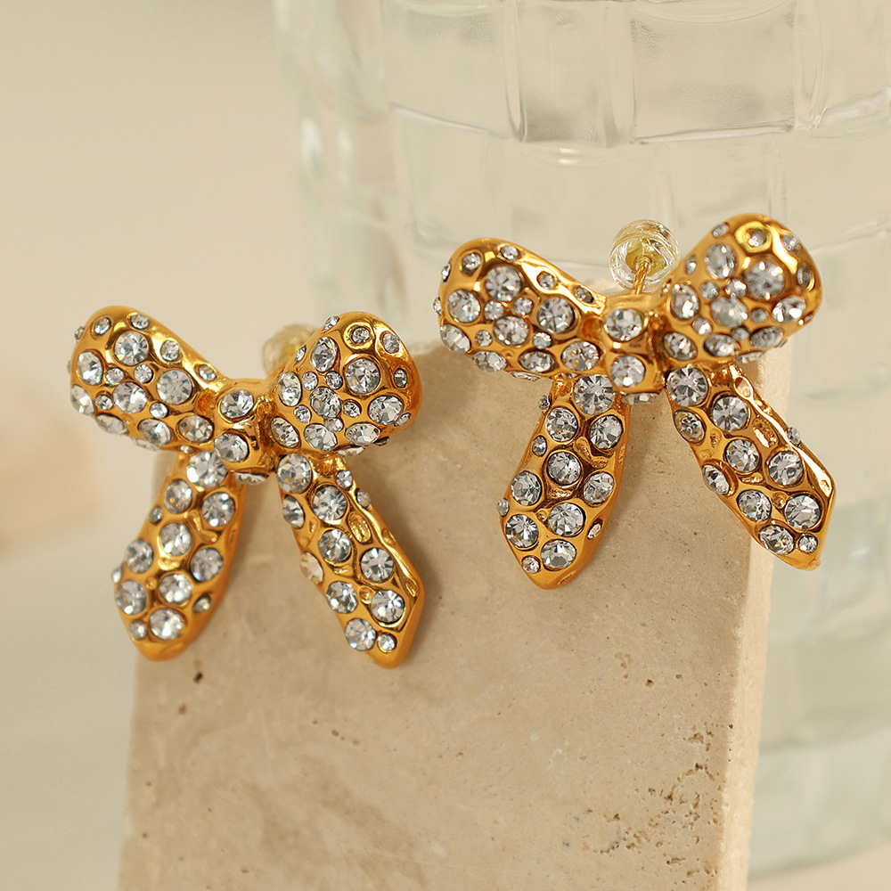 Gold color / 1 Pair Simple Series Retro Bow Knot Stainless Steel  Gold Color Rhinestone Women's Stud Earrings Picture2